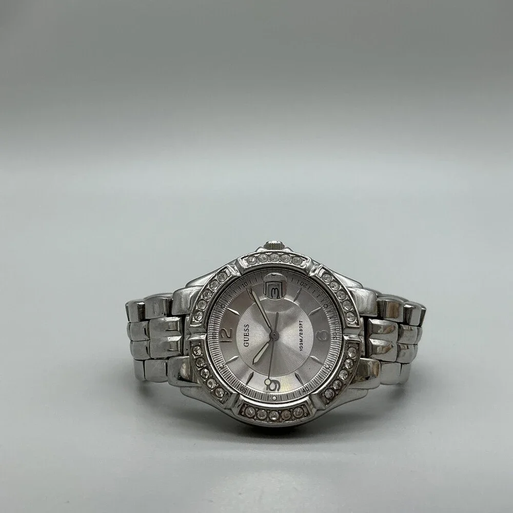 Guess Waterpro Womens Watch 35mm Silver Dial Crystal Bezel New Battery 6.25